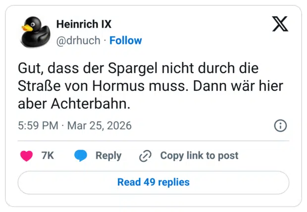 Gut, dass der Spargel nicht durch die Straße von Hormus muss. Dann wär hier aber Achterbahn.