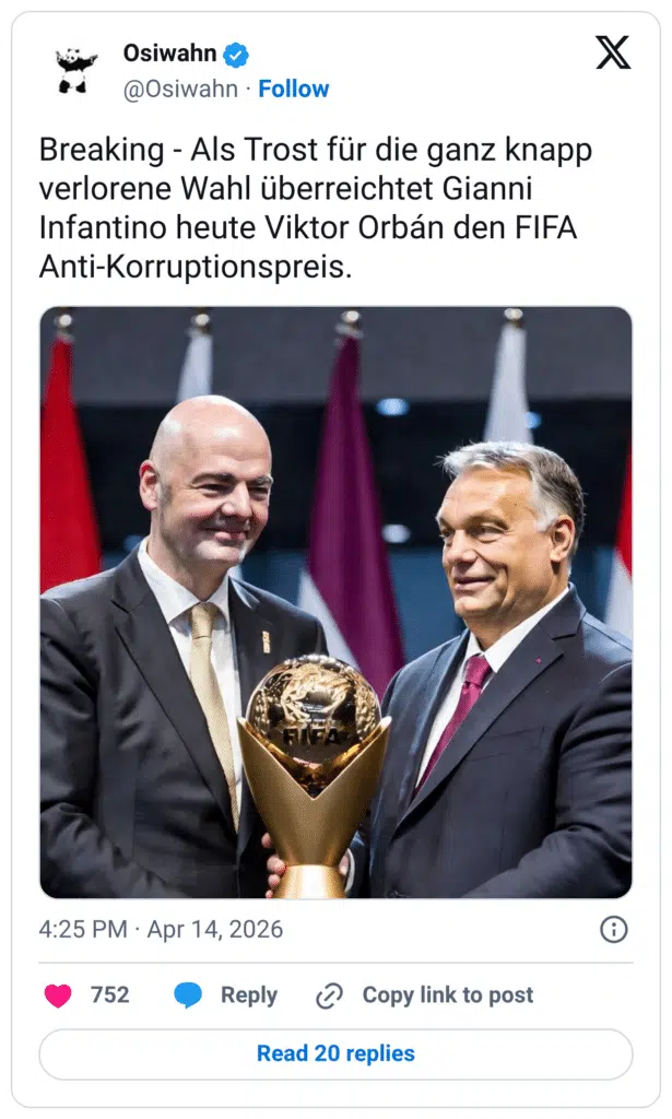 Als Trost für die ganz knapp verlorene Wahl überreichtet Gianni Infantino heute Viktor Orbán den FIFA Anti-Korruptionspreis.