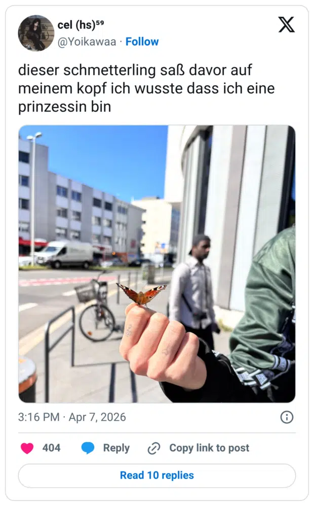 dieser schmetterling saß davor auf meinem kopf ich wusste dass ich eine prinzessin bin