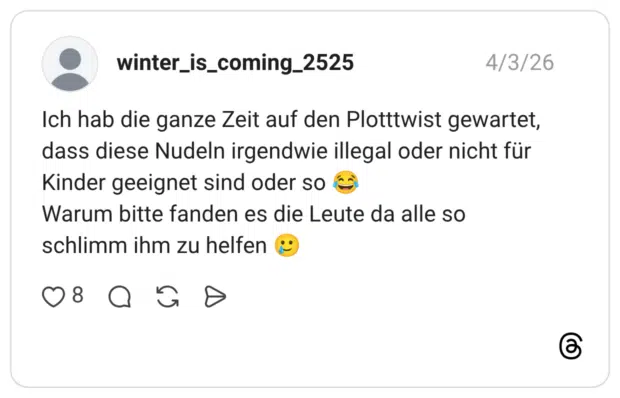 Ich hab die ganze Zeit auf den Plotttwist gewartet, dass diese Nudeln irgendwie illegal oder nicht für Kinder geeignet sind oder so Warum bitte fanden es die Leute da alle so schlimm ihm zu helfen
