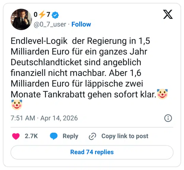 Endlevel-Logik der Regierung in 1,5 Milliarden Euro für ein ganzes Jahr Deutschlandticket sind angeblich finanziell nicht machbar. Aber 1,6 Milliarden Euro für läppische zwei Monate Tankrabatt gehen sofort klar.