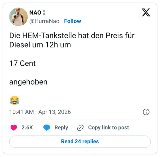 Die HEM-Tankstelle hat den Preis für Diesel um 12h um 17 Cent angehoben