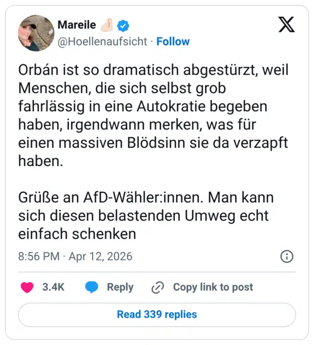 Orbán ist so dramatisch abgestürzt, weil Menschen, die sich selbst grob fahrlässig in eine Autokratie begeben haben, irgendwann merken, was für einen massiven Blödsinn sie da verzapft haben. Grüße an AfD-Wählerinnen. Man kann sich diesen belastenden Umweg echt einfach schenken
