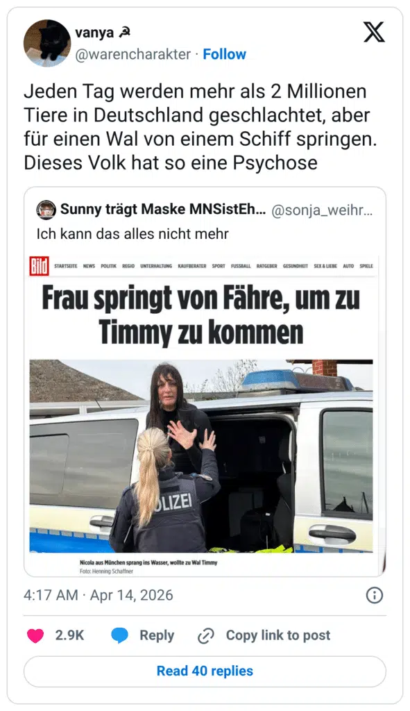 Jeden Tag werden mehr als 2 Millionen Tiere in Deutschland geschlachtet, aber für einen Wal von einem Schiff springen. Dieses Volk hat so eine Psychose