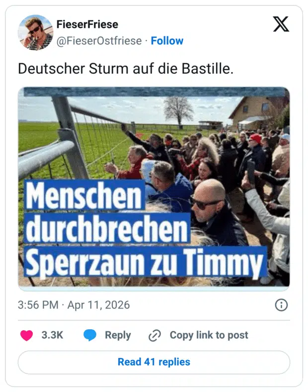 Deutscher Sturm auf die Bastille. Menschen durchbrechen Sperrzaun zu Timmy