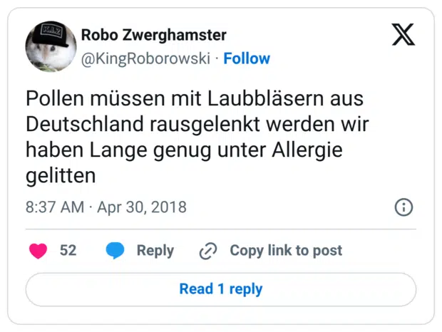Pollen müssen mit Laubbläsern aus Deutschland rausgelenkt werden wir haben Lange genug unter Allergie gelitten