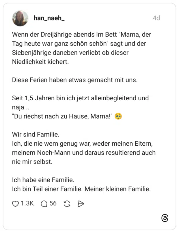 Wenn der Dreijährige abends im Bett "Mama, der Tag heute war ganz schön schön" sagt und der Siebenjährige daneben verliebt ob dieser Niedlichkeit kichert. Diese Ferien haben etwas gemacht mit uns. Seit 1,5 Jahren bin ich jetzt alleinbegleitend und naja... "Du riechst nach zu Hause, Mama!" 69) Wir sind Familie. Ich, die nie wem genug war, weder meinen Eltern, meinem Noch-Mann und daraus resultierend auch nie mir selbst. Ich habe eine Familie. Ich bin Teil einer Familie. Meiner kleinen Familie.