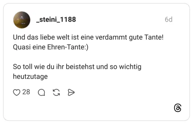 Und das liebe welt ist eine verdammt gute Tante! Quasi eine Ehren-Tante:) So toll wie du ihr beistehst und so wichtig heutzutage