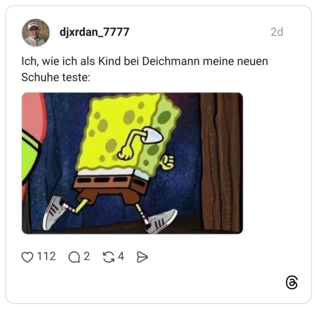 Ich, wie ich als Kind bei Deichmann meine neuen Schuhe teste: