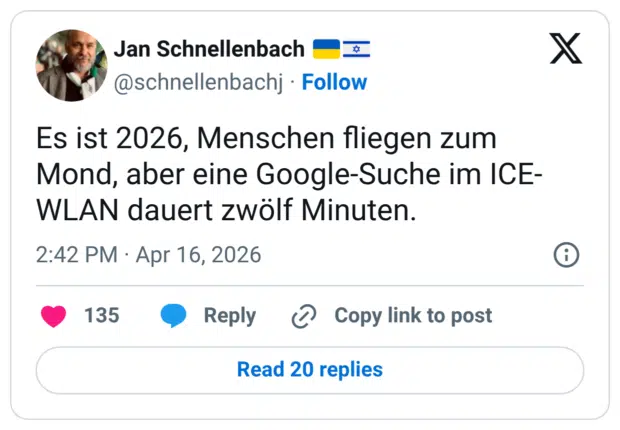 Es ist 2026, Menschen fliegen zum Mond, aber eine Google-Suche im ICE-WLAN dauert zwölf Minuten.