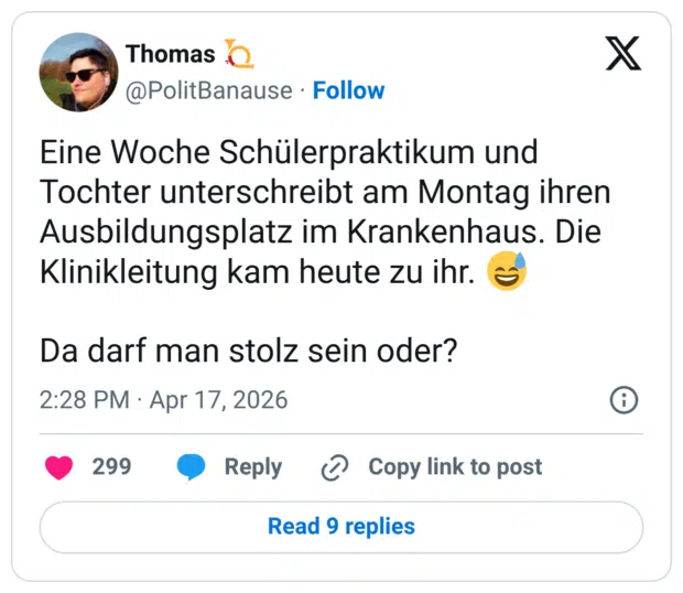 Eine Woche Schülerpraktikum und Tochter unterschreibt am Montag ihren Ausbildungsplatz im Krankenhaus. Die Klinikleitung kam heute zu ihr. 😅 Da darf man stolz sein oder?