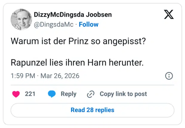 Warum ist der Prinz so angepisst? Rapunzel lies ihren Harn herunter.