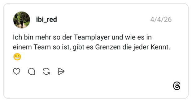 ibi_red 04.04.2026 Ich bin mehr so der Teamplayer und wie es in einem Team so ist, gibt es Grenzen die jeder Kennt. 😁