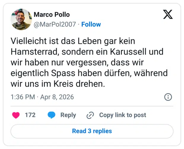 Vielleicht ist das Leben gar kein Hamsterrad, sondern ein Karussell und wir haben nur vergessen, dass wir eigentlich Spass haben dürfen, während wir uns im Kreis drehen.
