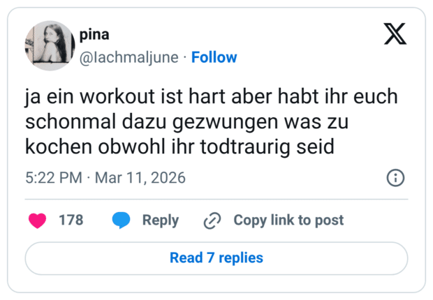 ja ein workout ist hart aber habt ihr euch schonmal dazu gezwungen was zu kochen obwohl ihr todtraurig seid