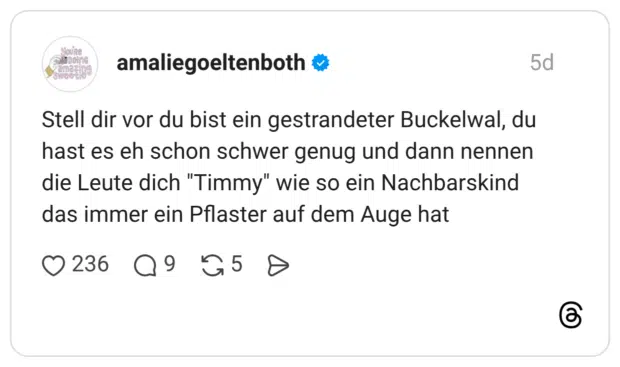 Stell dir vor du bist ein gestrandeter Buckelwal, du hast es eh schon schwer genug und dann nennen die Leute dich "Timmy" wie so ein Nachbarskind das immer ein Pflaster auf dem Auge hat 0