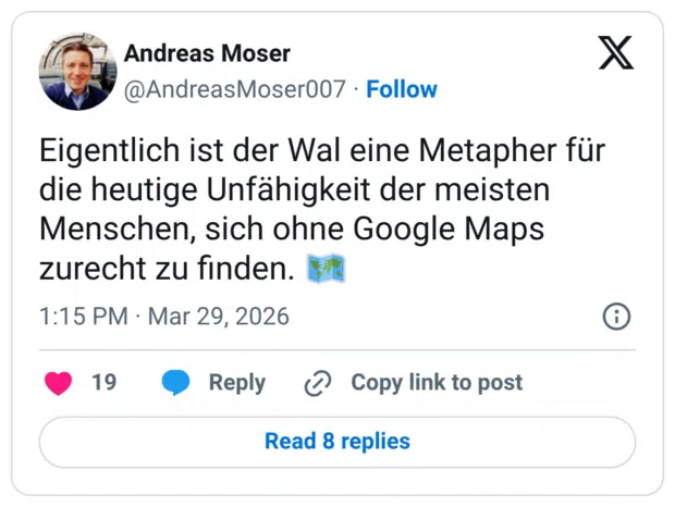 Eigentlich ist der Wal eine Metapher für die heutige Unfähigkeit der meisten Menschen, sich ohne Google Maps zurecht zu finden.