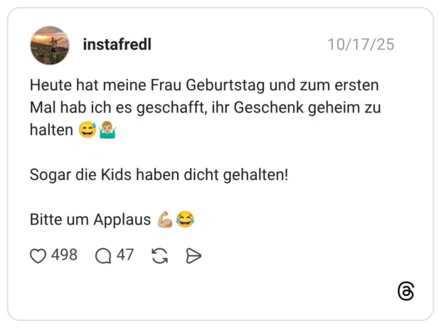 Heute hat meine Frau Geburtstag und zum ersten Mal hab ich es geschafft, ihr Geschenk geheim zu halten 😅🤷🏼♂️ Sogar die Kids haben dicht gehalten! Bitte um Applaus 💪🏼😂