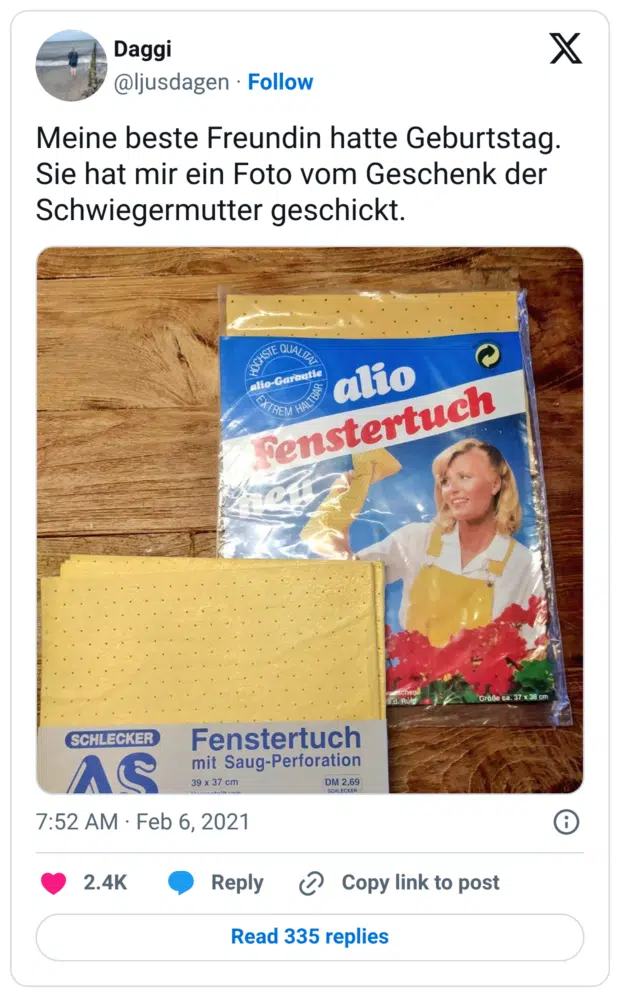 Meine beste Freundin hatte Geburtstag. Sie hat mir ein Foto vom Geschenk der Schwiegermutter geschickt.
