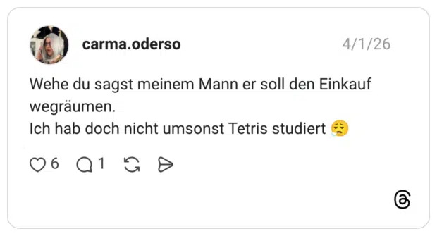 Wehe du sagst meinem Mann er soll den Einkauf wegräumen. Ich hab doch nicht umsonst Tetris studiert 😮‍💨