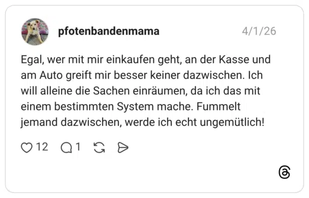 Egal, wer mit mir einkaufen geht, an der Kasse und am Auto greift mir besser keiner dazwischen. Ich will alleine die Sachen einräumen, da ich das mit einem bestimmten System mache. Fummelt jemand dazwischen, werde ich echt ungemütlich!
