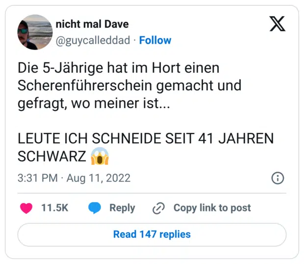 Die 5-Jährige hat im Hort einen Scherenführerschein gemacht und gefragt, wo meiner ist... LEUTE ICH SCHNEIDE SEIT 41 JAHREN SCHWARZ 😱