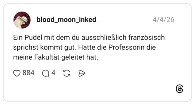 Ein Pudel mit dem du ausschließlich französisch sprichst kommt gut. Hatte die Professorin die meine Fakultät geleitet hat.