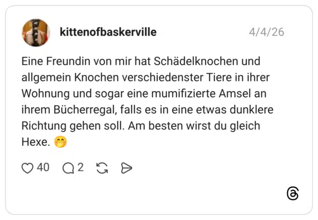 Eine Freundin von mir hat Schädelknochen und allgemein Knochen verschiedenster Tiere in ihrer Wohnung und sogar eine mumifizierte Amsel an ihrem Bücherregal, falls es in eine etwas dunklere Richtung gehen soll. Am besten wirst du gleich Hexe. 🤭