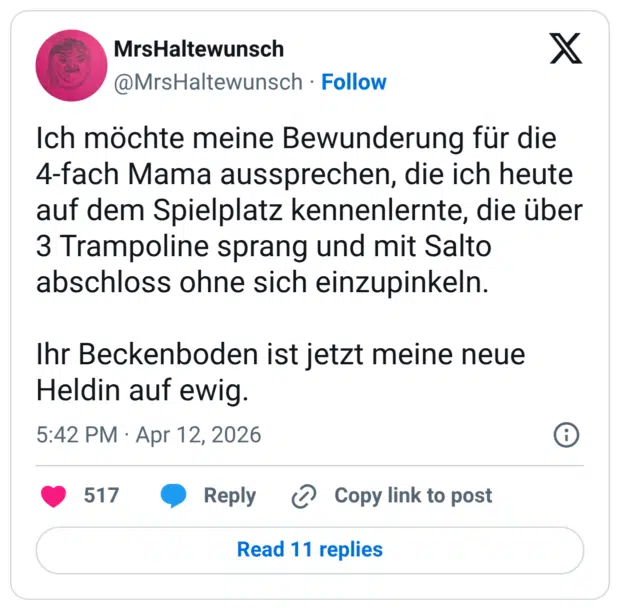 Ich möchte meine Bewunderung für die 4-fach Mama aussprechen, die ich heute auf dem Spielplatz kennenlernte, die über 3 Trampoline sprang und mit Salto abschloss ohne sich einzupinkeln. Ihr Beckenboden ist jetzt meine neue Heldin auf ewig