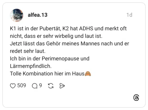 K1 ist in der Pubertät, K2 hat ADHS und merkt oft nicht, dass er sehr wirbelig und laut ist. Jetzt lässt das Gehör meines Mannes nach und er redet sehr laut. Ich bin in der Perimenopause und Lärmempfindlich. Tolle Kombination hier im Haus