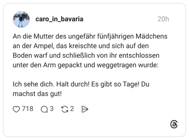 An die Mutter des ungefähr fünfjährigen Mädchens an der Ampel, das kreischte und sich auf den Boden warf und schließlich von ihr entschlossen unter den Arm gepackt und weggetragen wurde: Ich sehe dich. Halt durch! Es gibt so Tage! Du machst das gut!