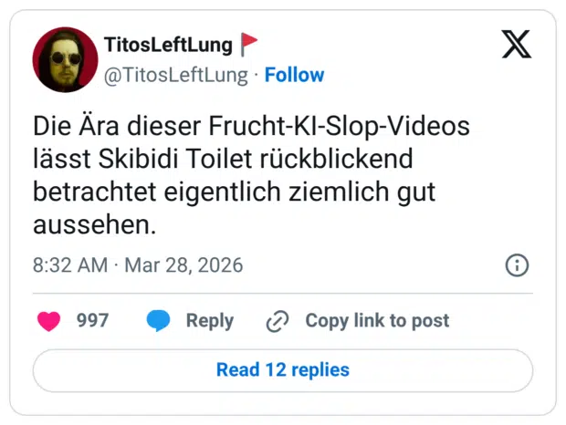 Die Ära dieser Frucht-KI-Slop-Videos lässt Skibidi Toilet rückblickend betrachtet eigentlich ziemlich gut aussehen.