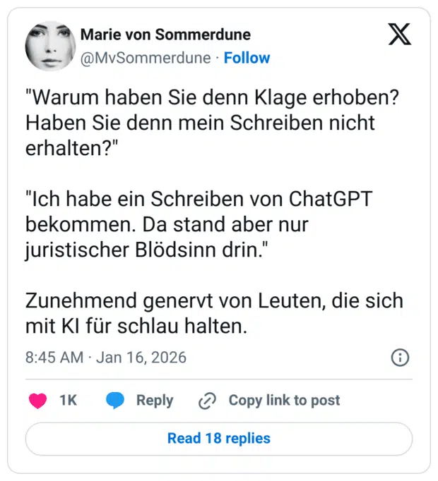 "Warum haben Sie denn Klage erhoben? Haben Sie denn mein Schreiben nicht erhalten?" "Ich habe ein Schreiben von ChatGPT bekommen. Da stand aber nur juristischer Blödsinn drin." Zunehmend genervt von Leuten, die sich mit KI für schlau halten.