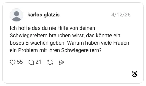 Ich hoffe das du nie Hilfe von deinen Schwiegereltern brauchen wirst, das könnte ein böses Erwachen geben. Warum haben viele Frauen ein Problem mit ihren Schwiegereltern?