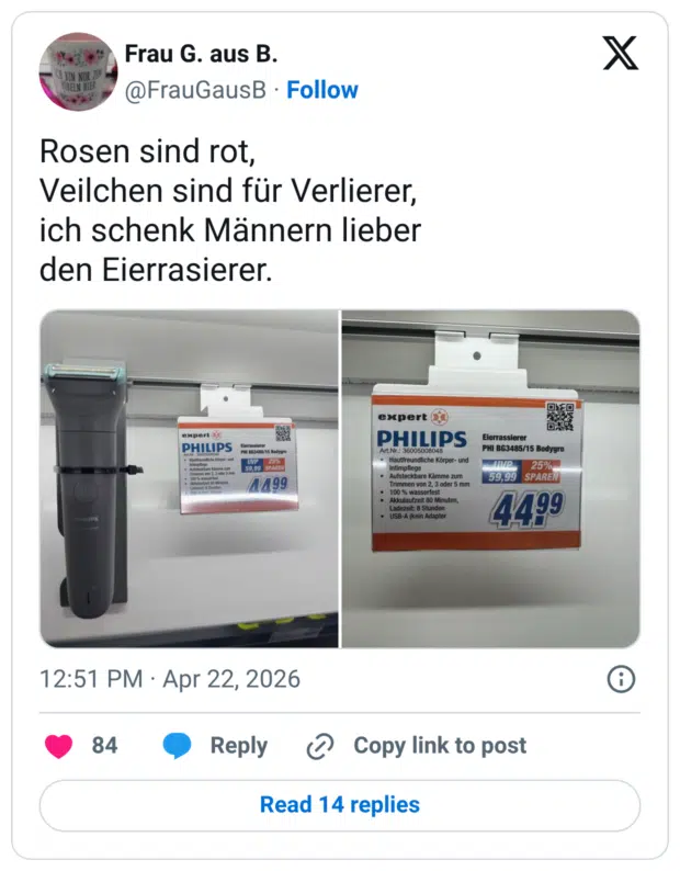 Rosen sind rot, Veilchen sind für Verlierer, ich schenk Männern lieber den Eierrasierer. expert 23) PHILIPS 00 von 2, 3 oder 5 mm UVP 25% 59,99 SPAREN 1499 PHILIPS ( expert PHILIPS Art.Nr.: 36005008048 • Hautfreundliche Körper- und Intimpflege • Aufsteckbare Kamme zum