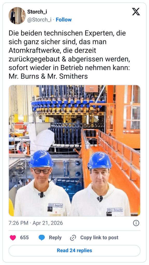 Die beiden technischen Experten, die sich ganz sicher sind, das man Atomkraftwerke, die derzeit zurückgegebaut & abgerissen werden, sofort wieder in Betrieb nehmen kann: Mr. Burns & Mr. Smithers