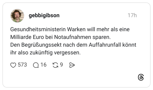 Gesundheitsministerin Warken will mehr als eine Milliarde Euro bei Notaufnahmen sparen. Den Begrüßungssekt nach dem Auffahrunfall könnt ihr also zukünftig vergessen.