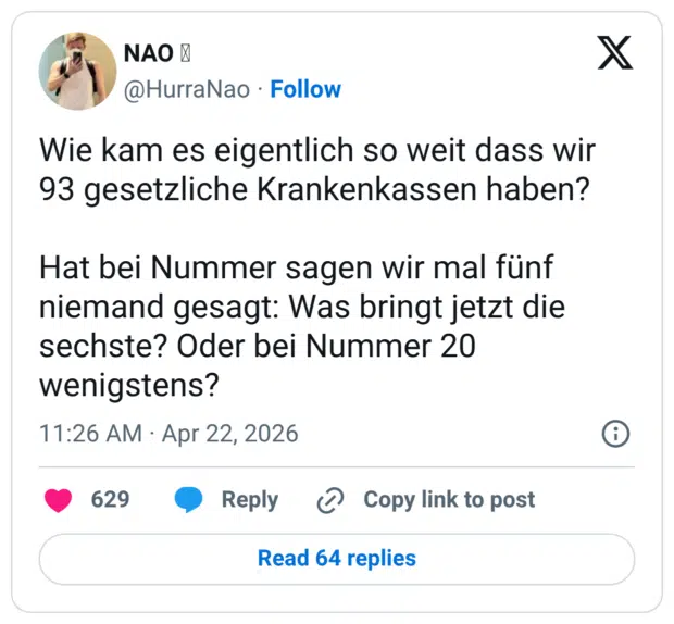 Wie kam es eigentlich so weit dass wir 93 gesetzliche Krankenkassen haben? Hat bei Nummer sagen wir mal fünf niemand gesagt: Was bringt jetzt die sechste? Oder bei Nummer 20 wenigstens?