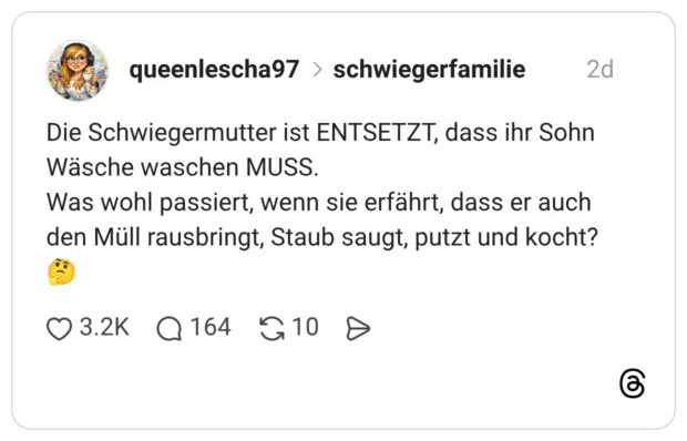 Die Schwiegermutter ist ENTSETZT, dass ihr Sohn Wäsche waschen MUSS. Was wohl passiert, wenn sie erfährt, dass er auch den Müll rausbringt, Staub saugt, putzt und kocht? 🤔