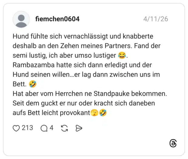 Hund fühlte sich vernachlässigt und knabberte deshalb an den Zehen meines Partners. Fand der semi lustig, ich aber umso lustiger 😂. Rambazamba hatte sich dann erledigt und der Hund seinen willen…er lag dann zwischen uns im Bett. 🤣 Hat aber vom Herrchen ne Standpauke bekommen. Seit dem guckt er nur oder kracht sich daneben aufs Bett leicht provokant🫣🤣