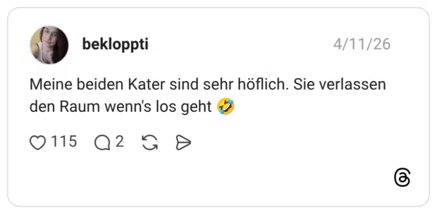 Meine beiden Kater sind sehr höflich. Sie verlassen den Raum wenn's los geht 🤣