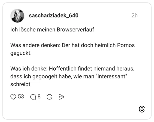 Ich lösche meinen Browserverlauf Was andere denken: Der hat doch heimlich Pornos geguckt. Was ich denke: Hoffentlich findet niemand heraus, dass ich gegoogelt habe, wie man "interessant" schreibt.
