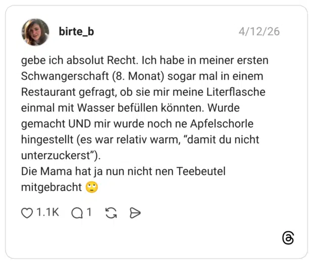 gebe ich absolut Recht. Ich habe in meiner ersten Schwangerschaft (8. Monat) sogar mal in einem Restaurant gefragt, ob sie mir meine Literflasche einmal mit Wasser befüllen könnten. Wurde gemacht UND mir wurde noch ne Apfelschorle hingestellt (es war relativ warm, “damit du nicht unterzuckerst”). Die Mama hat ja nun nicht nen Teebeutel mitgebracht 🙄