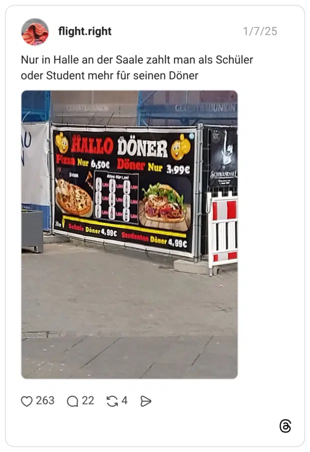 Nur in Halle an der Saale zahlt man als Schüler oder Student mehr fûr seinen Döner