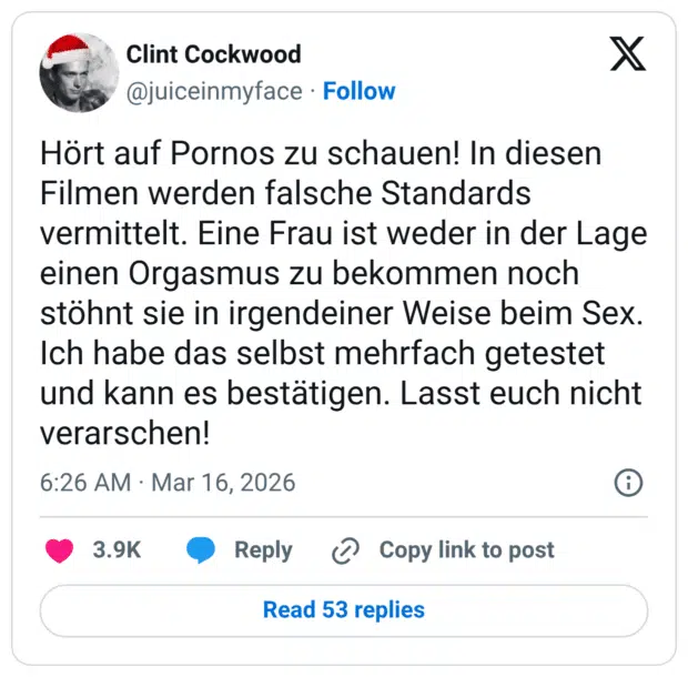 Hört auf Pornos zu schauen! In diesen Filmen werden falsche Standards vermittelt. Eine Frau ist weder in der Lage einen Orgasmus zu bekommen noch stöhnt sie in irgendeiner Weise beim Sex. Ich habe das selbst mehrfach getestet und kann es bestätigen. Lasst euch nicht verarschen