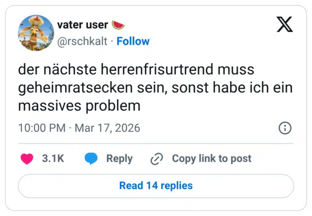 der nächste herrenfrisurtrend muss geheimratsecken sein, sonst habe ich ein massives problem