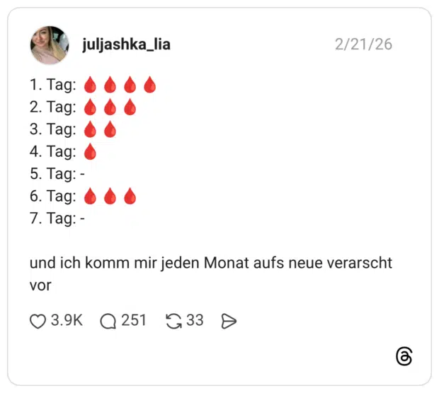 1. Tag: 2. Tag: 3. Tag: 4. Tag: 5. Tag: - 6. Tag: 7. Tag: - und ich komm mir jeden Monat aufs neue verarscht vor