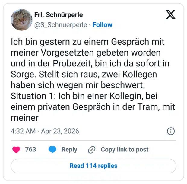 Ich bin gestern zu einem Gespräch mit meiner Vorgesetzten gebeten worden und in der Probezeit, bin ich da sofort in Sorge. Stellt sich raus, zwei Kollegen haben sich wegen mir beschwert. Situation 1: Ich bin einer Kollegin, bei einem privaten Gespräch in der Tram, mit meiner