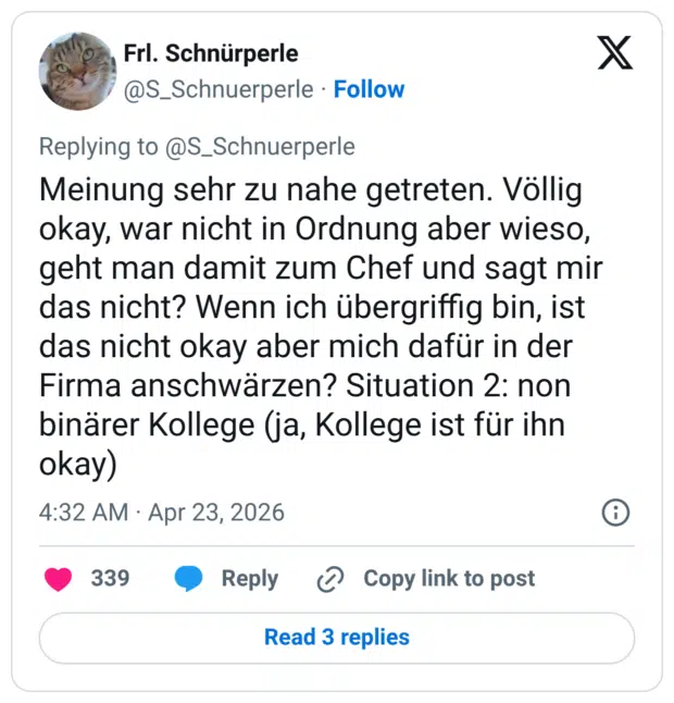 Meinung sehr zu nahe getreten. Völlig okay, war nicht in Ordnung aber wieso, geht man damit zum Chef und sagt mir das nicht? Wenn ich übergriffig bin, ist das nicht okay aber mich dafür in der Firma anschwärzen? Situation 2: non binärer Kollege (ja, Kollege ist für ihn okay)