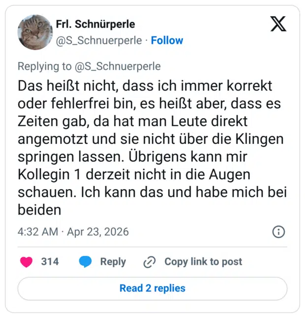 Das heißt nicht, dass ich immer korrekt oder fehlerfrei bin, es heißt aber, dass es Zeiten gab, da hat man Leute direkt angemotzt und sie nicht über die Klingen springen lassen. Übrigens kann mir Kollegin 1 derzeit nicht in die Augen schauen. Ich kann das und habe mich bei beiden